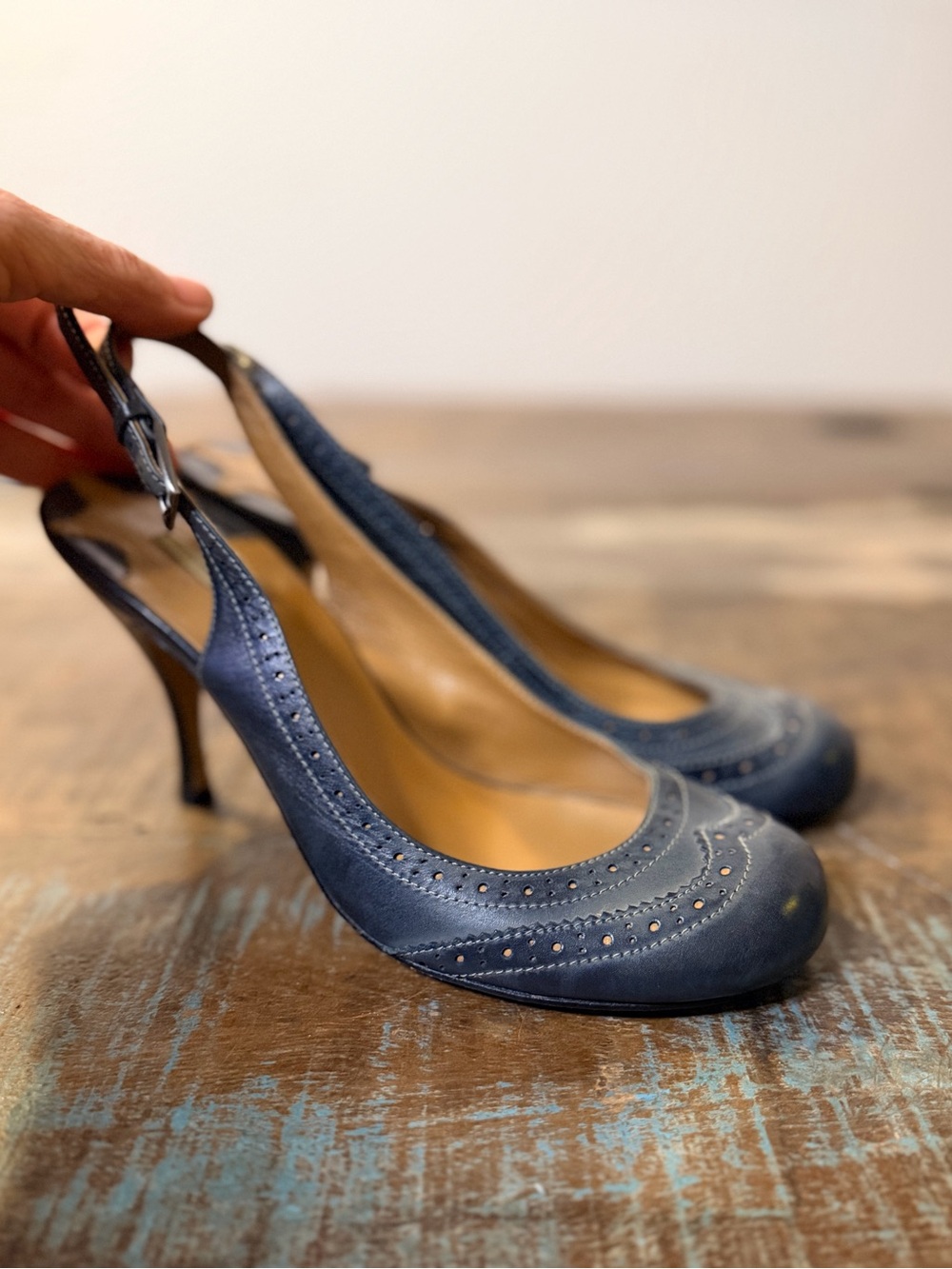 Navy Grey Blue Women's Slingback Heels with Brogue Detail